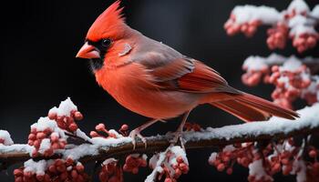 ai generado un linda masculino cardenal encaramado en un Nevado rama generado por ai foto