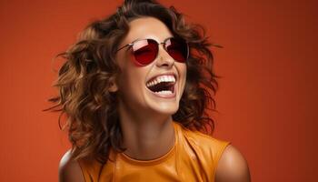 AI generated One woman, smiling, wearing sunglasses, looking at camera, happy generated by AI photo