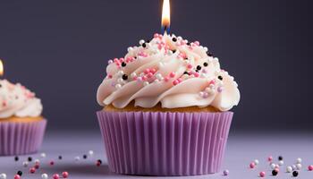 AI generated Homemade cupcake with pink icing, candle, and colorful decoration generated by AI photo