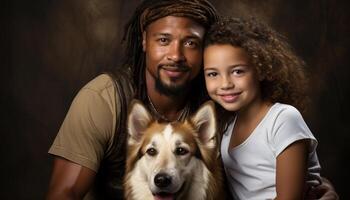 ai generado sonriente familia abrazando linda perro, puro amor y felicidad generado por ai foto