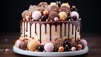 AI generated Indulgent gourmet dessert chocolate cake with colorful decorations generated by AI photo