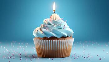 AI generated Birthday celebration with a sweet cupcake, candle, and decoration generated by AI photo