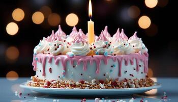 AI generated Homemade birthday cake with chocolate icing, candlelit celebration generated by AI photo