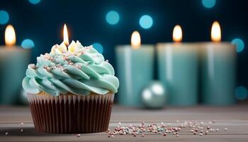 AI generated Homemade birthday cake with candle, cupcake, and colorful decoration generated by AI photo