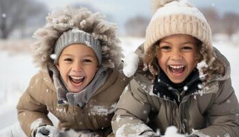 ai generado sonriente invierno muchachas jugando al aire libre, disfrutando nieve y la risa generado por ai foto