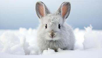 ai generado linda mullido Conejo sentado en el nieve, mirando a cámara generado por ai foto