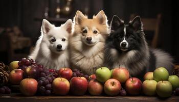 AI generated Cute puppy sitting on table, looking at camera, surrounded by apples generated by AI photo