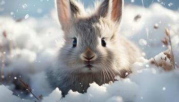 AI generated Cute fluffy rabbit sitting in the snow, looking at camera generated by AI photo