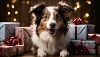 AI generated Cute puppy sitting by Christmas tree, a cheerful gift generated by AI photo