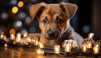 AI generated Cute puppy sitting, looking at camera, surrounded by Christmas lights generated by AI photo