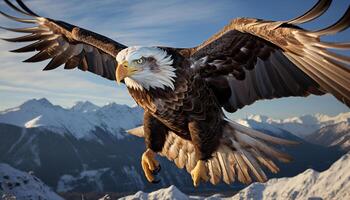 ai generado majestuoso calvo águila volador en nieve cubierto montaña paisaje generado por ai foto