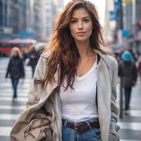 ai generado mujer caminando en el calle en ciudad foto