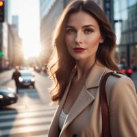 ai generado mujer caminando en el calle en ciudad foto