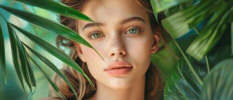 AI generated Sheltered by lush greenery, a young girl's captivating green eyes reflect a serene tropical oasis. Her gaze is as inviting as the natural world embracing her. photo