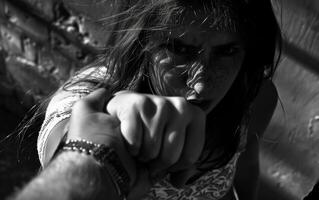 AI generated A grayscale image captures a woman's intense struggle, her fist clenched in determination. The play of light and shadow adds to the dramatic tension. photo