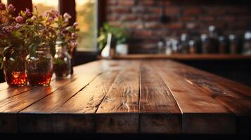 AI generated Warm sunlight bathes a rustic wooden table with flowers in jars, against a cozy kitchen interior with a blurred background. photo
