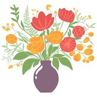 Beautiful bouquets with garden and wild flowers vector flat illustration. Various blooming plants with stems and leaves isolated on white. Floral decoration or gift