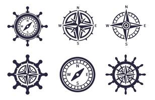 Wind rose, rudder and compass combination icons set vector
