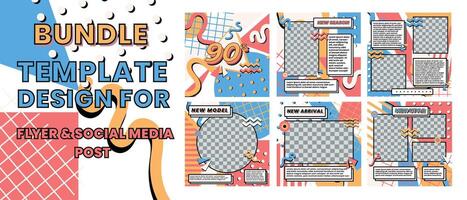 vector social media frame post design template bundle, with the 80s 90s vintage theme and Memphis pop art style, contains 6 designs and with a square size