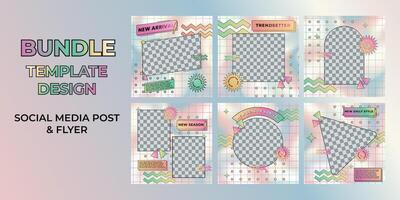 vector template social media frame post design bundle, pastel Memphis theme background