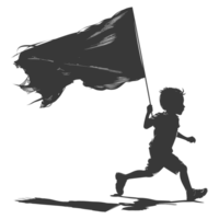 AI generated Silhouette little boy ran while carrying a plain black flag png