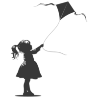 AI generated Silhouette little girl playing kite black color only png