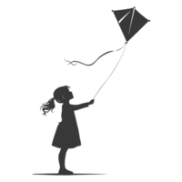 AI generated Silhouette little girl playing kite black color only png