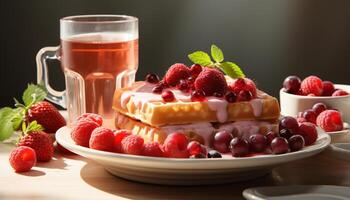 AI generated Fresh raspberry dessert on wooden plate with mint leaf decoration generated by AI photo