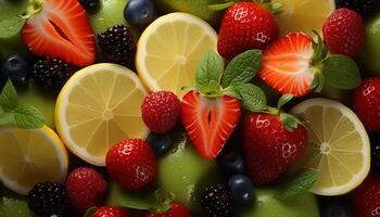 AI generated Freshness of summer fruits strawberry, raspberry, blueberry, lemon, lime, orange, grapefruit, tomato generated by AI photo