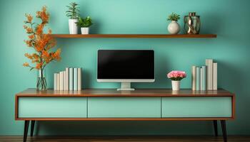 AI generated Modern office desk with computer monitor, bookshelf, and plant decoration generated by AI photo