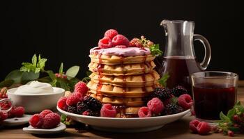 AI generated Fresh raspberry pancake stack with homemade yogurt and honey drizzle generated by AI photo