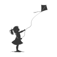 AI generated Silhouette little girl playing kite black color only png