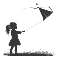 AI generated Silhouette little girl playing kite black color only png