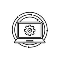 Delgado línea ordenador portátil y engranaje rueda me gusta actualizar. arte lineal estilo tendencia moderno mínimo logotipo carrera Arte diseño web elemento aislado en blanco antecedentes. concepto de desarrollo o devops Servicio Insignia vector