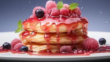 AI generated Freshness and sweetness on a plate raspberry, strawberry, blueberry generated by AI photo