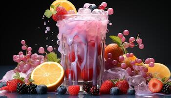 AI generated Fresh berry cocktail with raspberry, strawberry, and blueberry on ice generated by AI photo