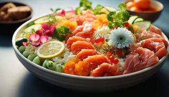 AI generated Fresh seafood sashimi, healthy salad, vegetarian bowl, refreshing lemonade generated by AI photo