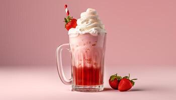 AI generated Fresh strawberry milkshake, a sweet and refreshing summer gourmet drink generated by AI photo