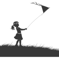 ai généré silhouette peu fille en jouant cerf-volant noir Couleur seulement png