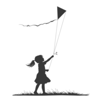 AI generated Silhouette little girl playing kite black color only png