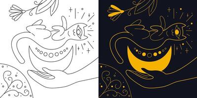 Mystical cute cat lies on the crescent moon. Two-color and black and white outline vector illustration.