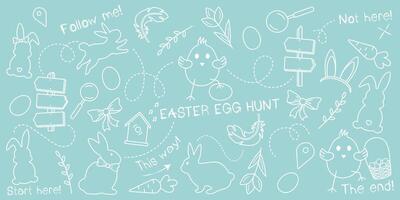 Easter egg hunt doodle set on a pastel green background, hand-drawn with a thin white line. An outlined sketch vector pattern with a children's theme for an Easter quest.