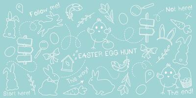 Easter egg hunt doodle set on a pastel green background, hand-drawn with a thin white line. An outlined sketch vector pattern with a children's theme for an Easter quest.