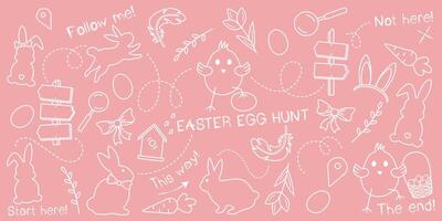 Easter egg hunt doodle set on a pastel pink background, hand-drawn with a thin white line. An outlined sketch vector pattern with a children's theme for an Easter quest.