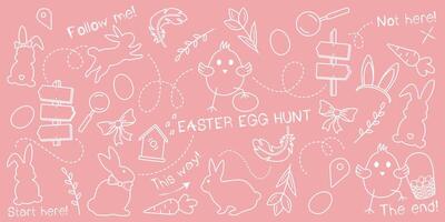 Easter egg hunt doodle set on a pastel pink background, hand-drawn with a thin white line. An outlined sketch vector pattern with a children's theme for an Easter quest.