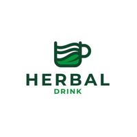 Herbal Drink Cup With Leaves Logo Design Concept Vector Illustration