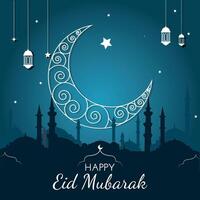 creciente islámico con linternas y estrellas para ramadán, eid mubarak. saludo tarjeta, bandera. medio luna, lámpara, mezquita. vector ilustración