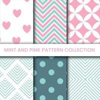 Collection of 6 spring pattern, set of geometry ornament with mint and pink colors, seamless vector