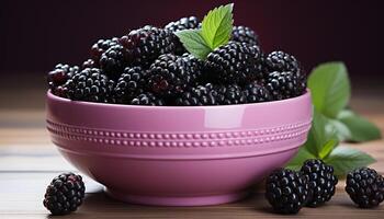 AI generated Fresh, ripe berries on wooden table, a healthy summer dessert generated by AI photo