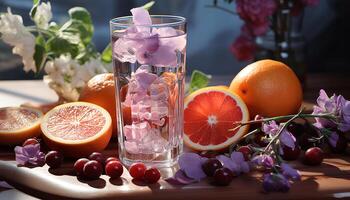 ai generado Fresco Fruta cóctel en de madera mesa, refrescante verano bebida generado por ai foto